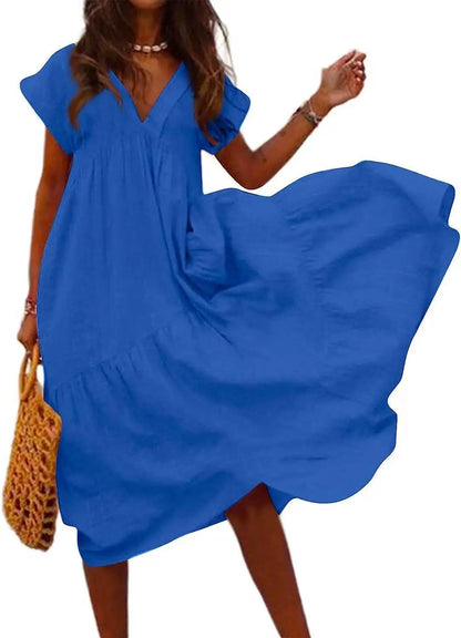 CD | Casual Boho Loose Femei Rochie Boemiană Vara V-Neck Short Sleeve Ruffle Dress Femei Oversize Party Beach A-Line Dress Vestidos