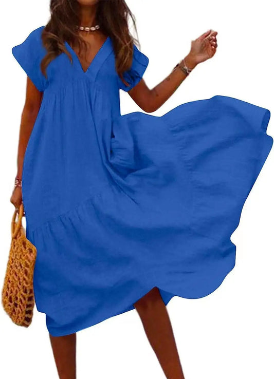 CD | Casual Boho Loose Femei Rochie Boemiană Vara V-Neck Short Sleeve Ruffle Dress Femei Oversize Party Beach A-Line Dress Vestidos
