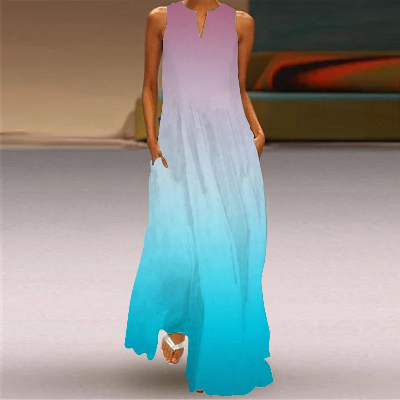 CD | 2024 New European and American Cross border Summer Long Dress Women Sleeveless V-Neck Printed Sexy