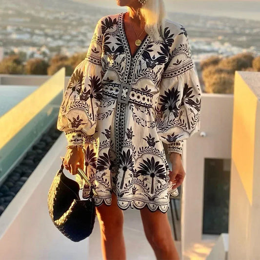 CD | Elegant de vară doamnelor lung decolteu V-Neck Sandbeach vrac florale Print A-Line mijlocul talie scurtă rochie Casual femei Boho rochie