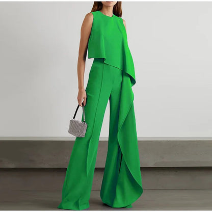 CD | Doamnelor elegant fără mâneci largă picior ruffle costum de pantaloni