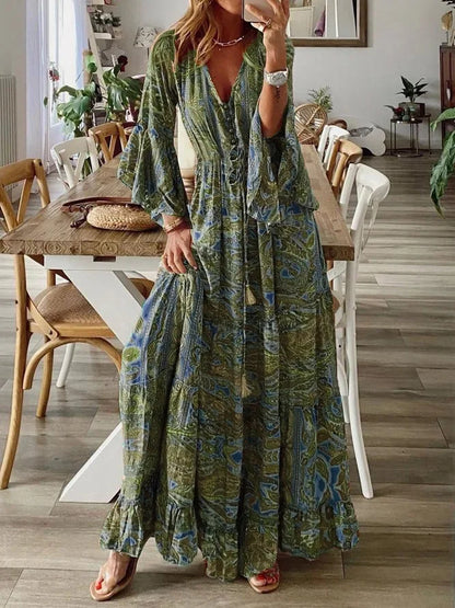 CD | 2023Cross frontieră boemă stil evazat mâneci imprimate v-neck mare rochie de vacanță cu talie florale rochie florale pentru femei