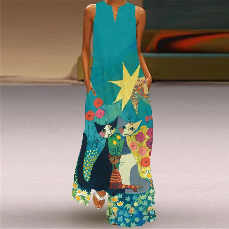 CD | 2024 New European and American Cross border Summer Long Dress Women Sleeveless V-Neck Printed Sexy