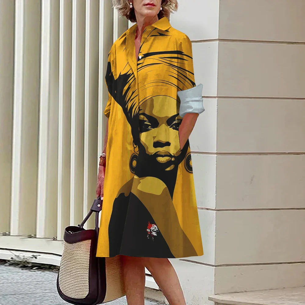 CD | Vara noi femei elegante cămașă Casual femei imprimate maneca lunga moda Lapel Street femei rochii cina partid rochii
