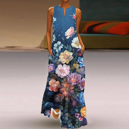 CD | 2025 Vara New Vintage Flower imprimate rochii lungi Femei Moda V-Neck Loose Sleeveless rochie Casual Commuting Vestidos Femei