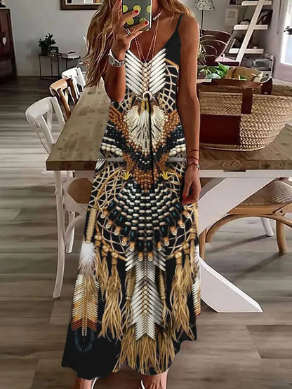 CD | 2024 New 3D Owl Vintage Print Sleeveless Vest Long Women Tribal Pattern Spaghetti Strap Dress Summer Long Loose Vest Dresses