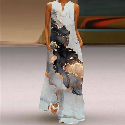 CD | 2024 New European and American Cross border Summer Long Dress Women Sleeveless V-Neck Printed Sexy