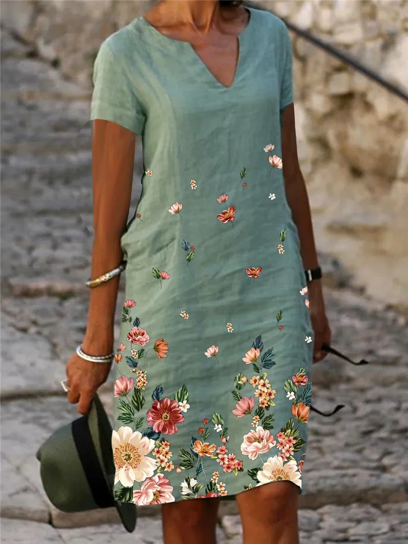 CD | Casual Loose Print Vintage Summer Women Printed Cotton Short Sleeve V-Neck Sexy Midi Dresses Elegant Vestido Feminino S-5xl