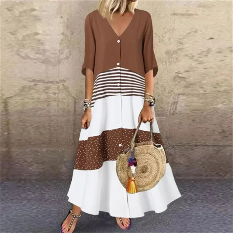 CD | 2025 Primăvară Oversize rochie lungă pentru femei imprimare V-Neck cu mânecă scurtă buton vrac A-Line rochii Femei Casual Elegant îmbrăcăminte pentru femei