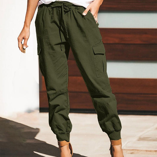 CD | Pantaloni casual și elegant de toamnă cargo cu picioare drepte cu cordon pentru femei