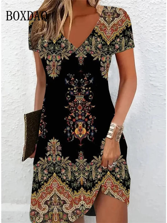 CD | Vintage Women Midi Rochii pentru 2024 Stil etnic Floral Print Loose Rochie Plus Dimensiune Casual Short Sleeve Pulover V-Neck Rochie