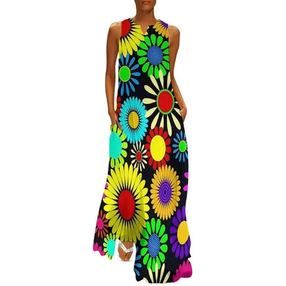 CD | Flower Power Women Rochie Vara Retro Floral Print Street Wear Bohemia Rochie lungă Womens Sleeveless Sexy Maxi Dress Big Size 3XL