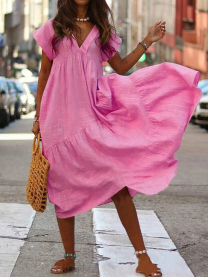 CD | Casual Boho Loose Femei Rochie Boemiană Vara V-Neck Short Sleeve Ruffle Dress Femei Oversize Party Beach A-Line Dress Vestidos