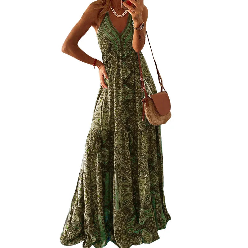 CD | BAMBOOBOY Women V-Neck Party Long Dresses Vintage Printed Bohemian Beach Elegant Sleeveless Spaghetti Strap Sexy Maxi Sundress