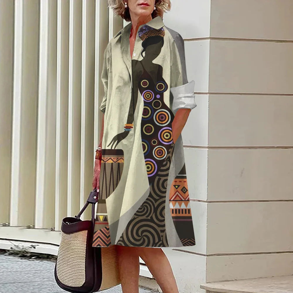 CD | Vara noi femei elegante cămașă Casual femei imprimate maneca lunga moda Lapel Street femei rochii cina partid rochii