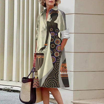 CD | Vara noi femei elegante cămașă Casual femei imprimate maneca lunga moda Lapel Street femei rochii cina partid rochii