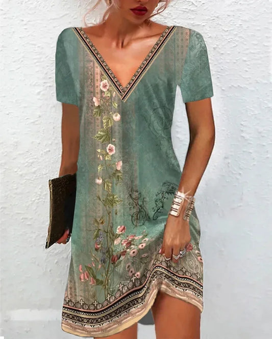 CD | 2024 Women Summer Dress Boho V-Neck Short Sleeve Vintage Print Floral Dress Female Casual Holiday Beach Loose Dresses Vestidos