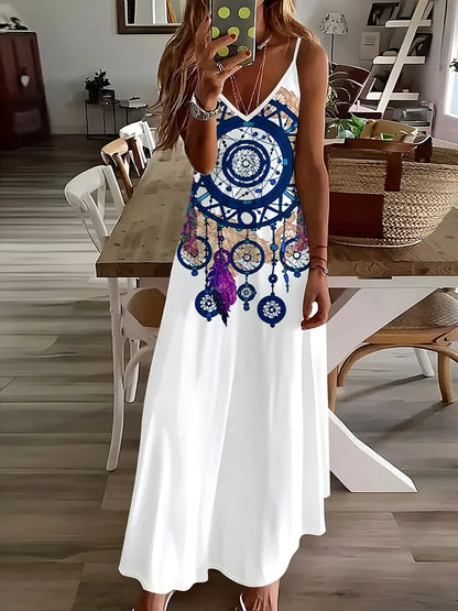 CD | 2024 New Vintage Ethnic Print Ladies Elegant Dress Summer Ladies Casual Sleeveless Dress Street Fashion Ladies Long Dress
