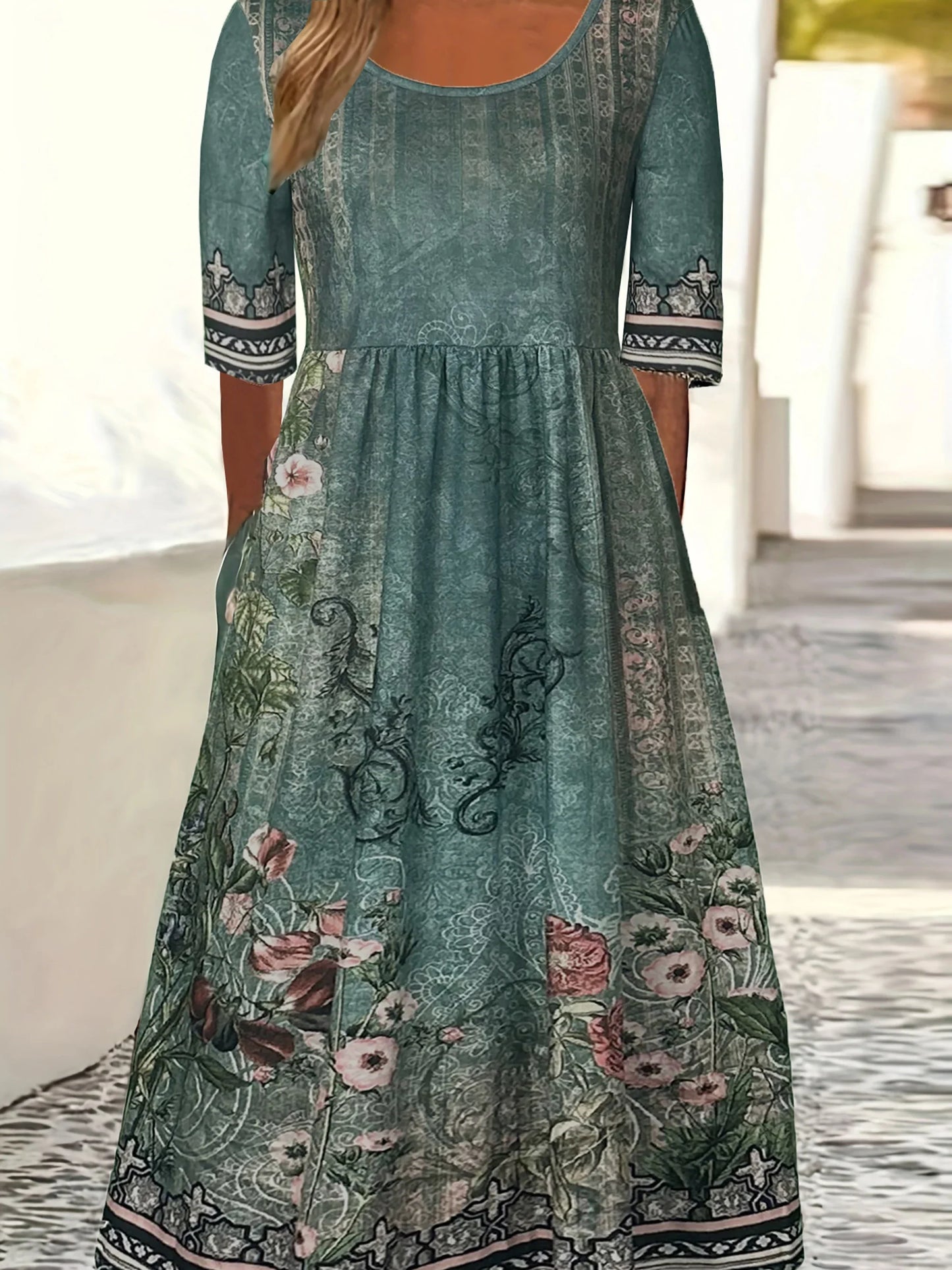 CD | 2025 vara noi femei bohemia vrac moda imprimare rotund gât scurt maneca rochie lunga