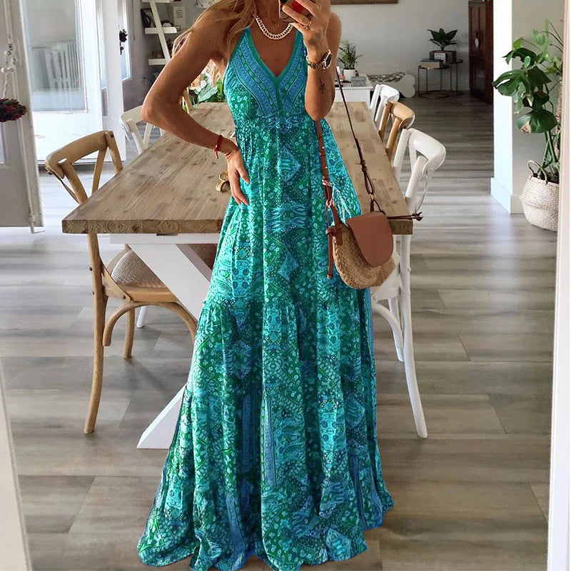 CD | European și American New 2023 Bohemian Style New Strap Long Dress High Waist V-Neck Printed Fragmented Floral Dress Women Wea