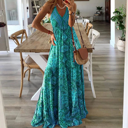 CD | European și American New 2023 Bohemian Style New Strap Long Dress High Waist V-Neck Printed Fragmented Floral Dress Women Wea