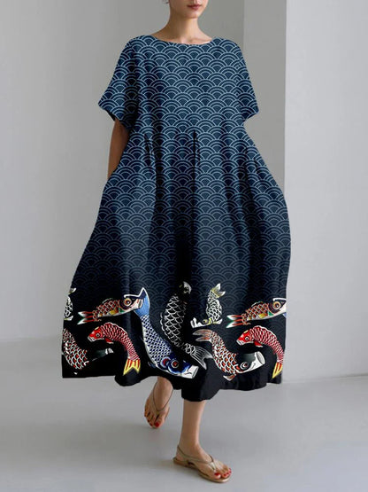 CD | 2024 New Women Round Neck Long Casual Dress Summer Large Size Fresh Fish Print Dress Street Holiday Short Sleeve Dress