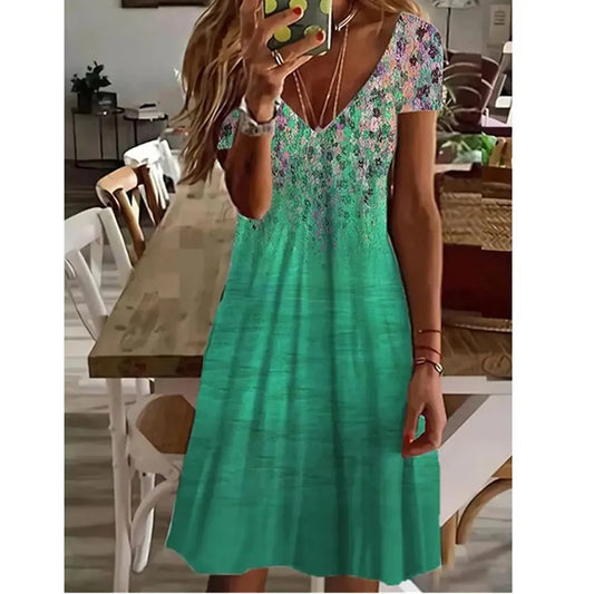 CD | Femei Summer Short Sleeve V-Neck Casual Dress 3D Vintage Floral Printed Elegant Knee-Length Dress S-3XL Lady Vestidos