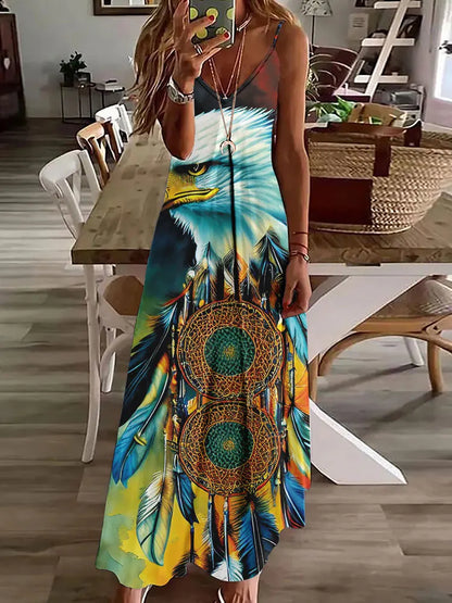 CD | 2024 New 3D Owl Vintage Print Sleeveless Vest Long Women Tribal Pattern Spaghetti Strap Dress Summer Long Loose Vest Dresses