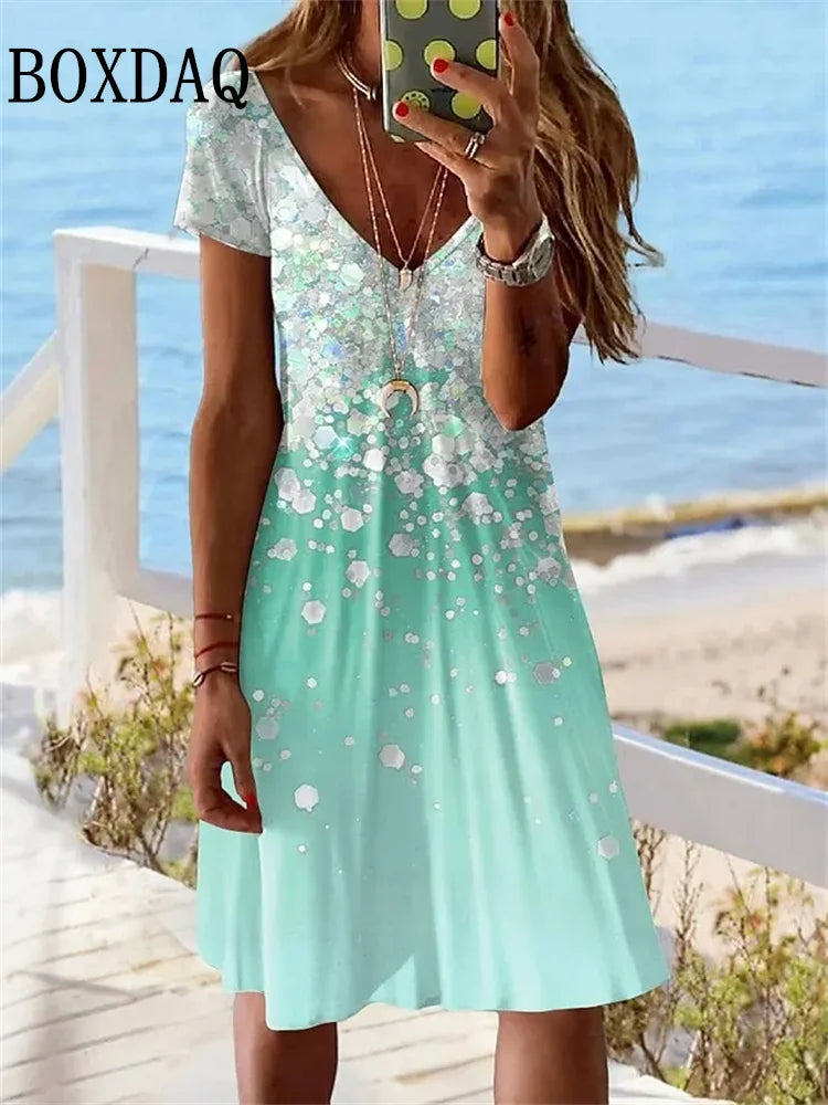 CD | 2024 Femei cu mânecă scurtă Rochie nouă de vară Pulover Fashion Plus Dimensiune rochie Casual Loose V-Neck Ladies Summer Print Party Dress