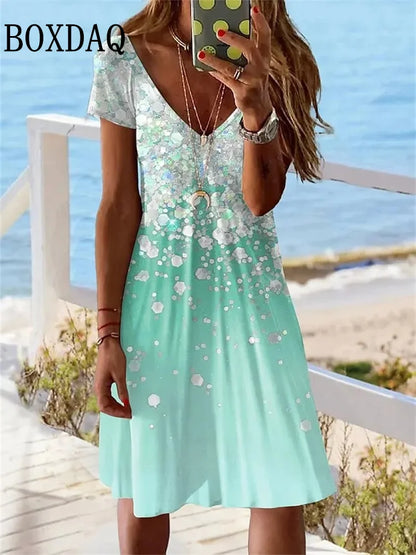 CD | 2024 Femei cu mânecă scurtă Rochie nouă de vară Pulover Fashion Plus Dimensiune rochie Casual Loose V-Neck Ladies Summer Print Party Dress