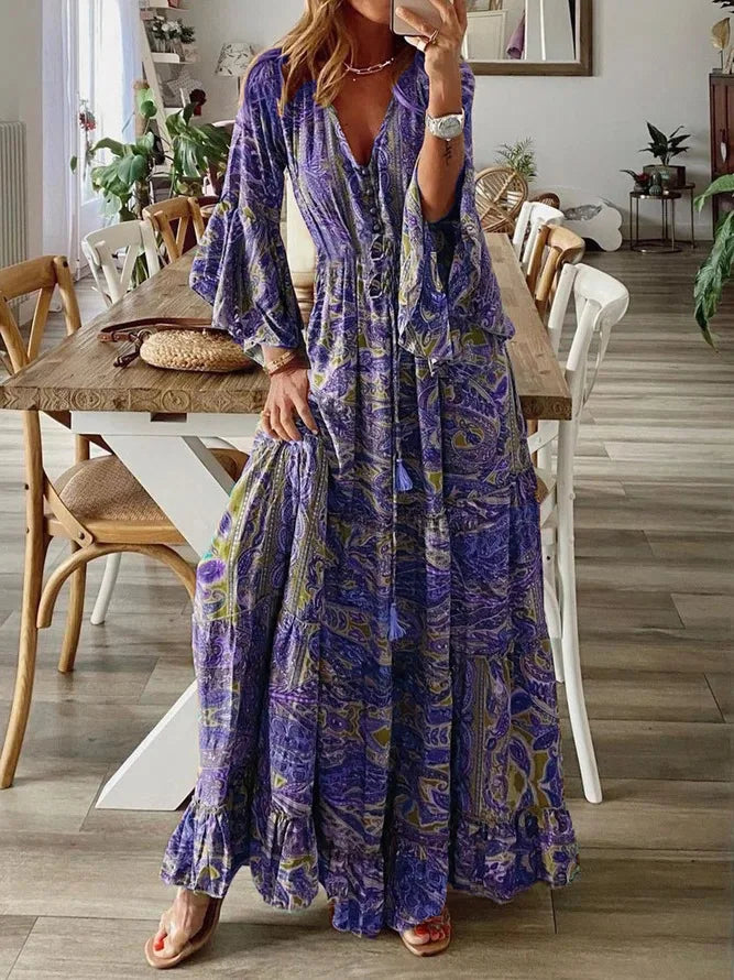 CD | 2023Cross frontieră boemă stil evazat mâneci imprimate v-neck mare rochie de vacanță cu talie florale rochie florale pentru femei