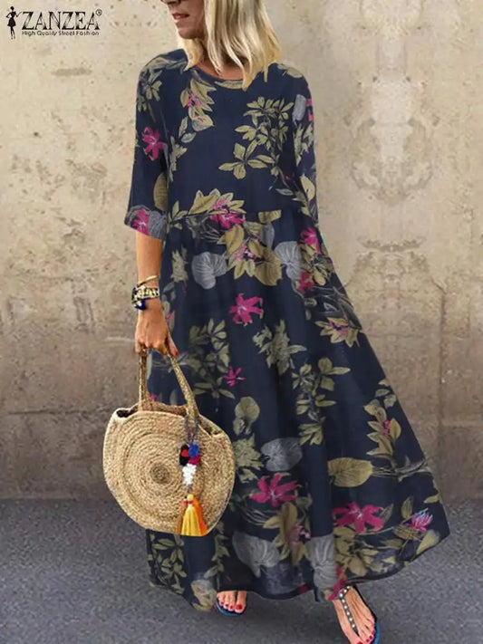 CD | Femme Short Sleeve Sundress ZANZEA Summer Women Floral Printed Dress Bohemian Elegant Casual Oversized Holiday Kaftan Dresses