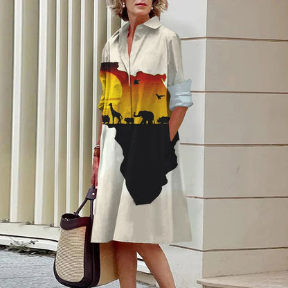 CD | Vara noi femei elegante cămașă Casual femei imprimate maneca lunga moda Lapel Street femei rochii cina partid rochii