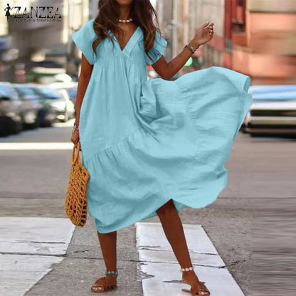CD | Casual Boho Loose Femei Rochie Boemiană Vara V-Neck Short Sleeve Ruffle Dress Femei Oversize Party Beach A-Line Dress Vestidos