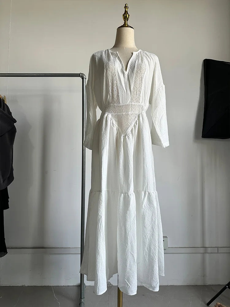 CD | 2025 New Women Spring Solid Loose Ethnic Party Dress Casual Long Sleeve Vintage Beach Dress Sexy V Neck Lace Hollow Long Dress