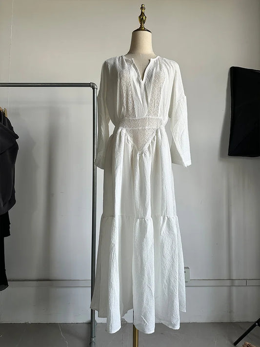 CD | 2025 New Women Spring Solid Loose Ethnic Party Dress Casual Long Sleeve Vintage Beach Dress Sexy V Neck Lace Hollow Long Dress