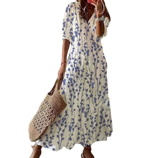 CD | Femei rochie jumătate maneca florale imprimare A-Line vrac Hem V-Neck lung Tassel Decor Raschel glezna lungime de vacanță Beach Maxi Dress