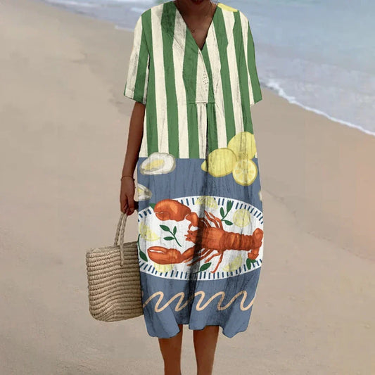 CD | Femei Crab imprimare rochie Vara bumbac cusut rochie Boho bumbac rochie de vacanță Outfits Woman 2024 Hawaii de lux rochii de plajă