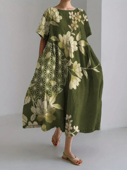 CD | 2024 New Women Round Neck Long Casual Dress Summer Large Size Fresh Fish Print Dress Street Holiday Short Sleeve Dress