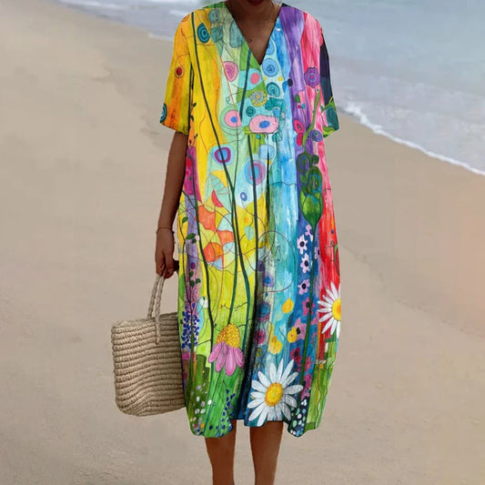 CD | Bohemian stil de vacanță rochii de plajă Baggy Flowy rochie de lenjerie Venezuela Elegant bumbac V gât A-line de lux Brand Robe