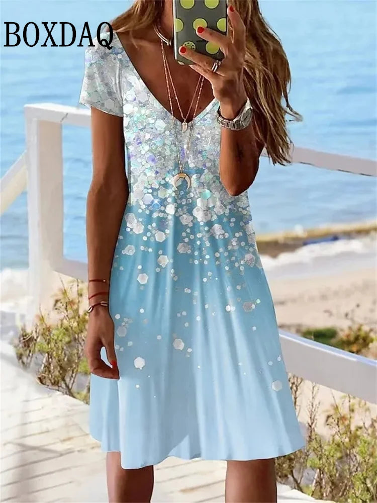 CD | 2024 Femei cu mânecă scurtă Rochie nouă de vară Pulover Fashion Plus Dimensiune rochie Casual Loose V-Neck Ladies Summer Print Party Dress