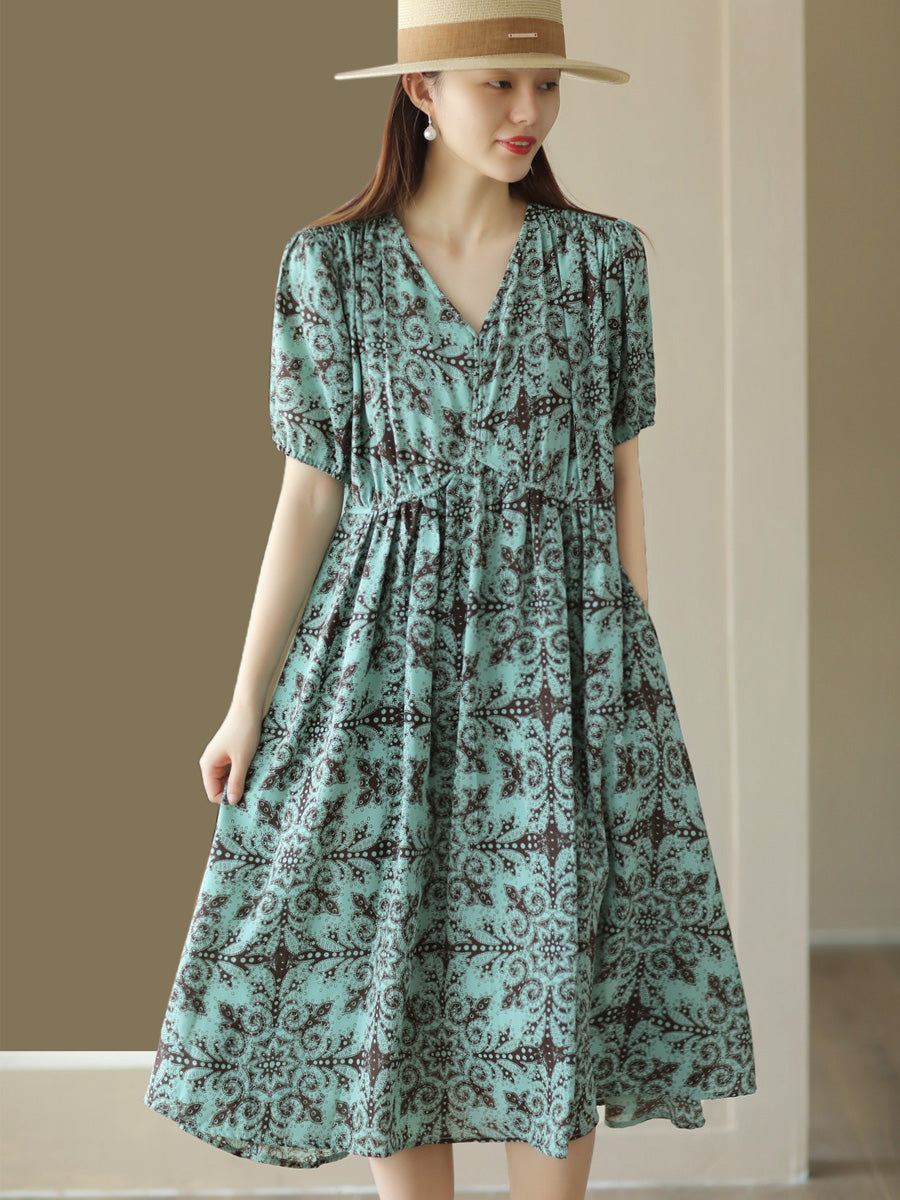 Summer Artsy Flower V-neck High Waist Dress