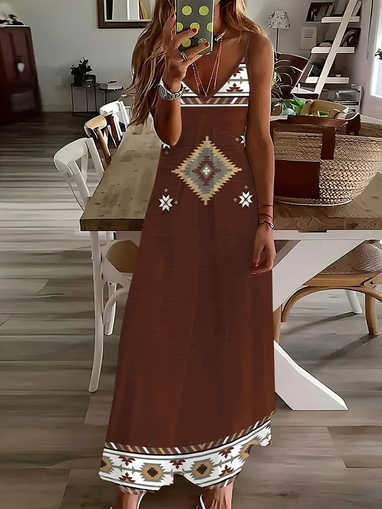 CD | 2024 New Vintage Ethnic Print Ladies Elegant Dress Summer Ladies Casual Sleeveless Dress Street Fashion Ladies Long Dress