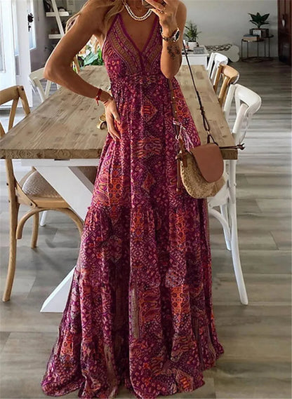 CD | European și American New 2023 Bohemian Style New Strap Long Dress High Waist V-Neck Printed Fragmented Floral Dress Women Wea