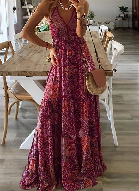 CD | European și American New 2023 Bohemian Style New Strap Long Dress High Waist V-Neck Printed Fragmented Floral Dress Women Wea