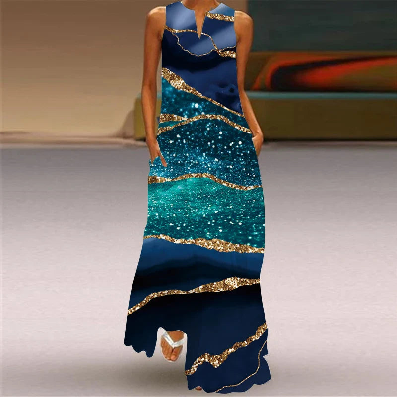 CD | 2024 New European and American Cross border Summer Long Dress Women Sleeveless V-Neck Printed Sexy