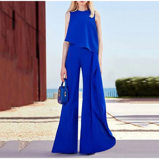 CD | Doamnelor elegant fără mâneci largă picior ruffle costum de pantaloni