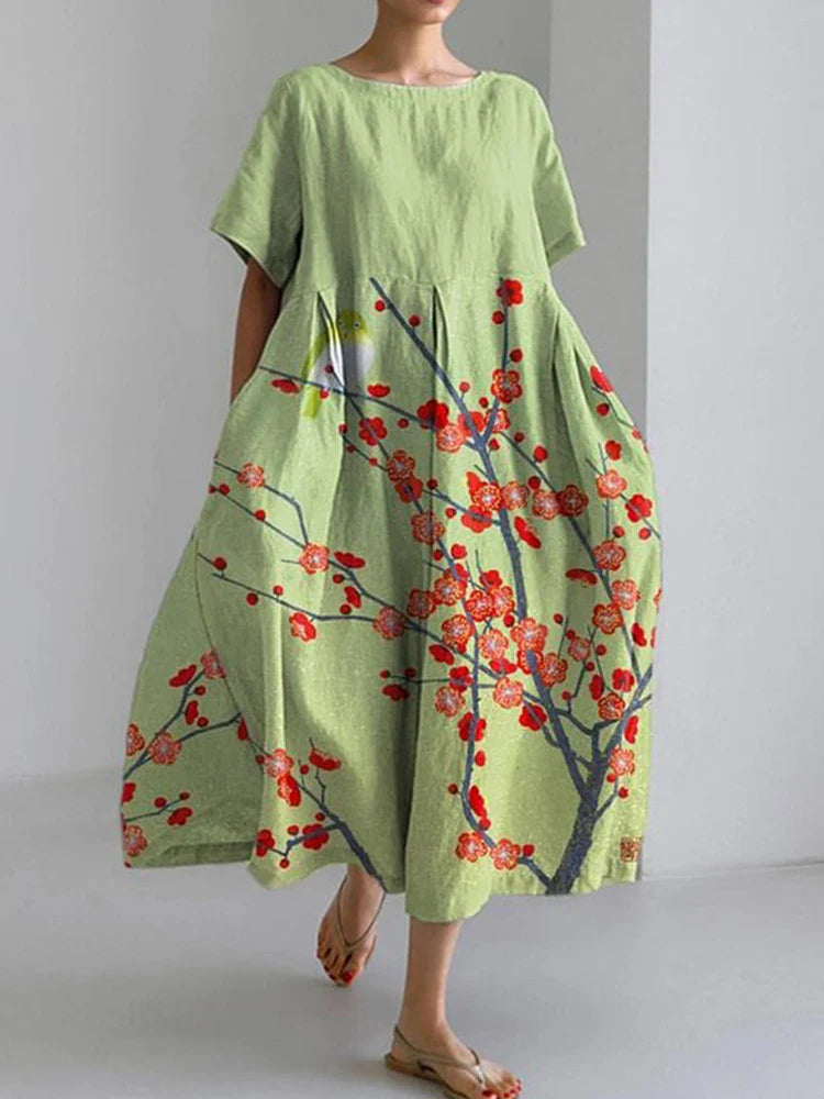 CD | 2024 New Women Round Neck Long Casual Dress Summer Large Size Fresh Fish Print Dress Street Holiday Short Sleeve Dress