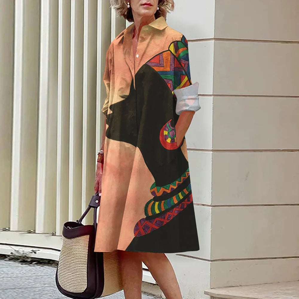 CD | Vara noi femei elegante cămașă Casual femei imprimate maneca lunga moda Lapel Street femei rochii cina partid rochii