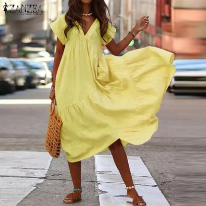 CD | Casual Boho Loose Femei Rochie Boemiană Vara V-Neck Short Sleeve Ruffle Dress Femei Oversize Party Beach A-Line Dress Vestidos